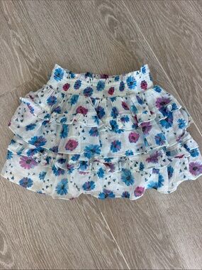 LoveShackFancy White Ruffled Floral Tiered Skirt with Blue and Pink Blooms